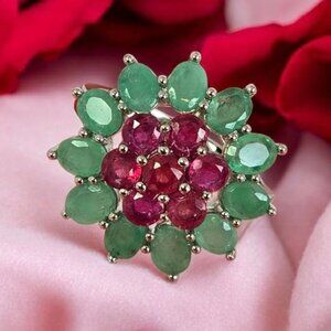 925 Sterling Silver Ring SZ 9 with Natural Ruby & Emerald Gemstone